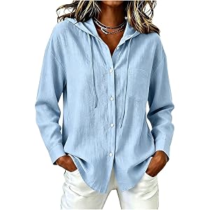Sunscreen Cotton Linen Jackets for Women, Drawstring Hoodie Long Sleeve Sun Protection UV Coat, Light Button Outdoor Shirts
