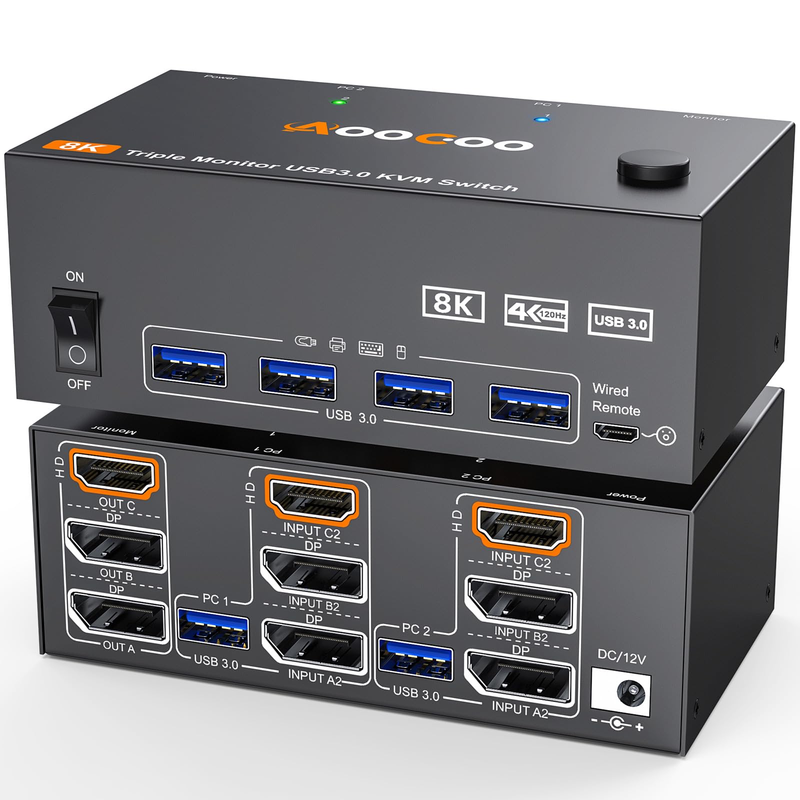 KVM-Switch 2 PC 3 Monitore 4K@144Hz 8K@60Hz, Triple Monitore HDMI + 2 Displayport KVM Switch mit 4 USB 3.0 Anschlüssen, kabelgebundener Fernbedienung, Netzteil und USB 3.0 Kabel