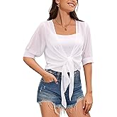 Women Shrug Cardigans Soft Chiffon Summer Tops 3/4 Sleeve Lightweight Cropped Cardigan Tie Front Bolero for Dresses