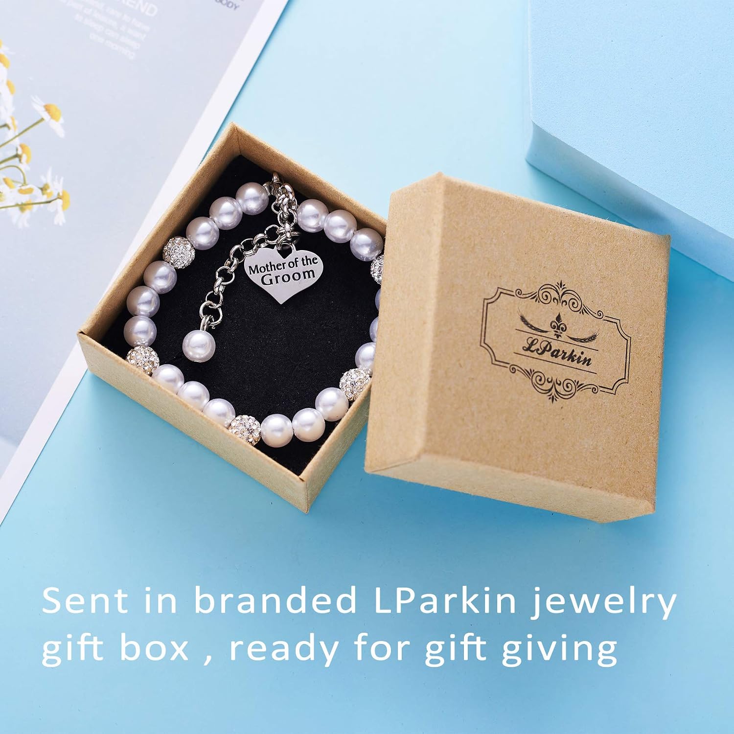 LParkin Mother of the Groom Pearl Bracelet Wedding Gift Jewelry (White), 7 inches - Image 5