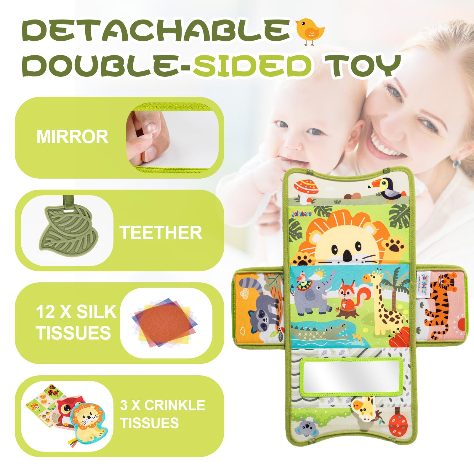 Jollybaby High Contrast Baby Tissue Box Toy for Baby 6-12 Months, Montessori Sensory Learning Toys for 1 Year Old Infant with Teether Crinkle Paper, Tummy Time Mirror Toys for Newborn Gift, Green