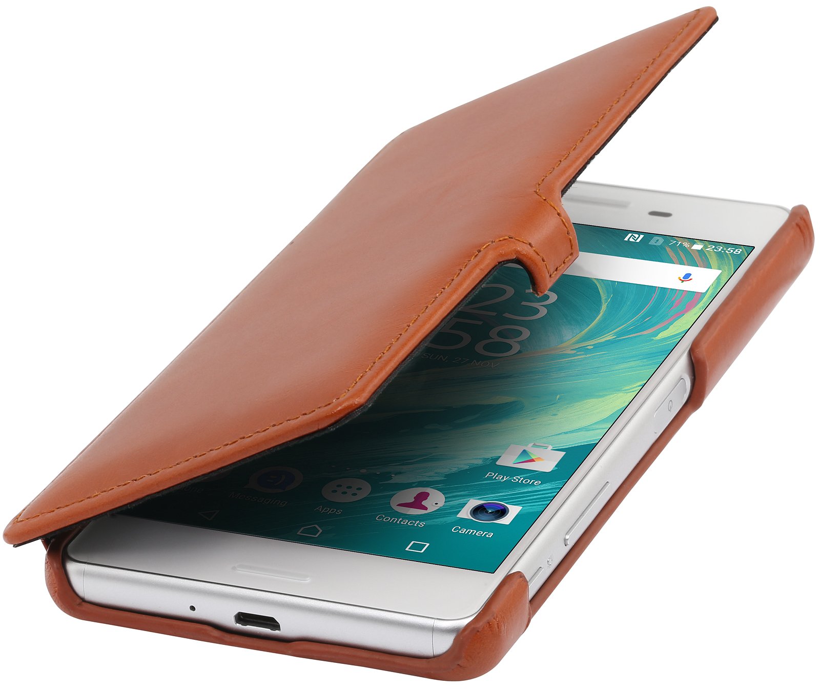 StilGut Book Type with Clip, Genuine Leather Case for Sony Xperia X Performance, Cognac Brown