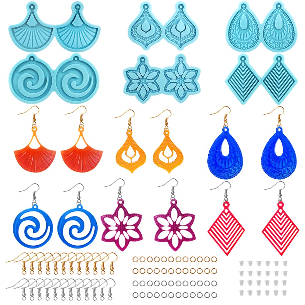 AIFUDA 6 Set Earring Resin Mould Kit, Silicone Moulds for Jewellery Making, Epoxy Resin Mould With Ear Hook, Jump Ring, Earring Backs