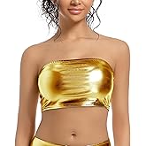 OVIGILY Women's Rave Tube Top Metallic Strapless Crop Top Shiny Bandeau Bralette for Festival, Party, Dance, Costumes
