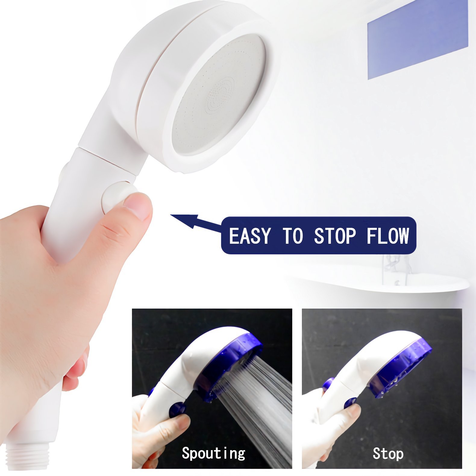 BELZN High Pressure Shower Head - Water Saving Handheld Showerhead - 3 Spray Model Shower Rain Head with 1 key to Stop/Spouting flow