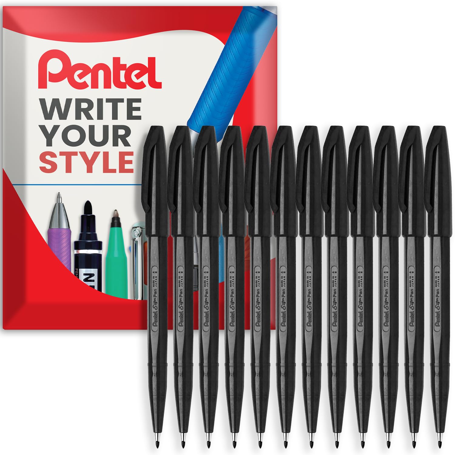 Pentel S520 Original Sign Pen Fibre Tip Marker Fineliner Pens - 2mm Nib, 1mm Line - In Envelope Gift Packaging (Black Pack of 12)