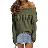 EVALESS Womens Off The Shoulder Sweater Fall Fringe Long Sleeve Loose Pullover Sweaters Tops