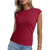 Sidefeel Womens Tops Casual Crewneck Cap Sleeve Tops Ribbed Raw Hem Summer T Shirts Slim Fit Basic Tees Blouses
