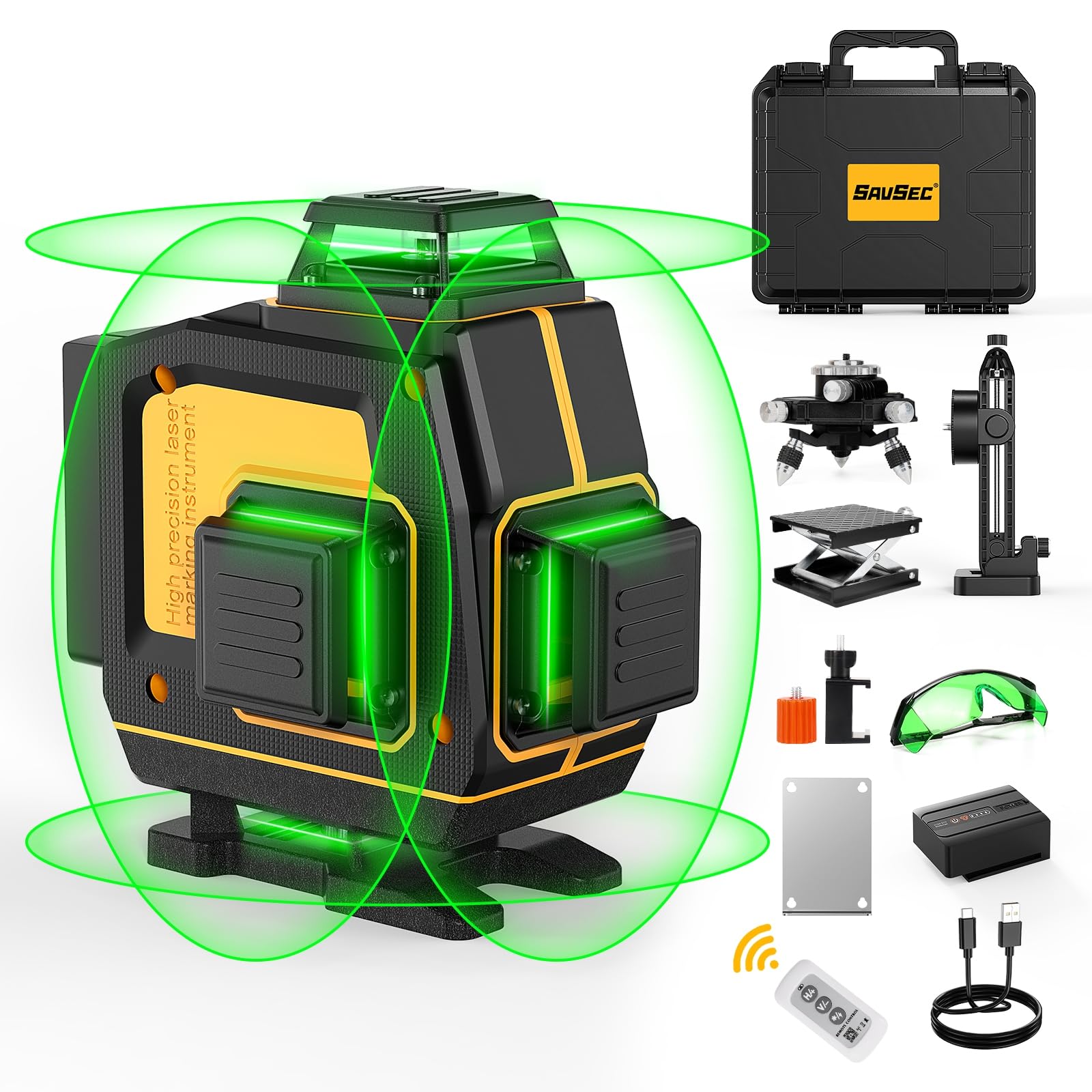 Laser Level 4D Self Leveling, SAVSEC 4x360 (Up to 37 Hours) Green Cross Line Lazer, 16 Lines Leveler Tool Rechargeable/Adjustable Brightness/Remote Control/Switchable for Home & Outdoor