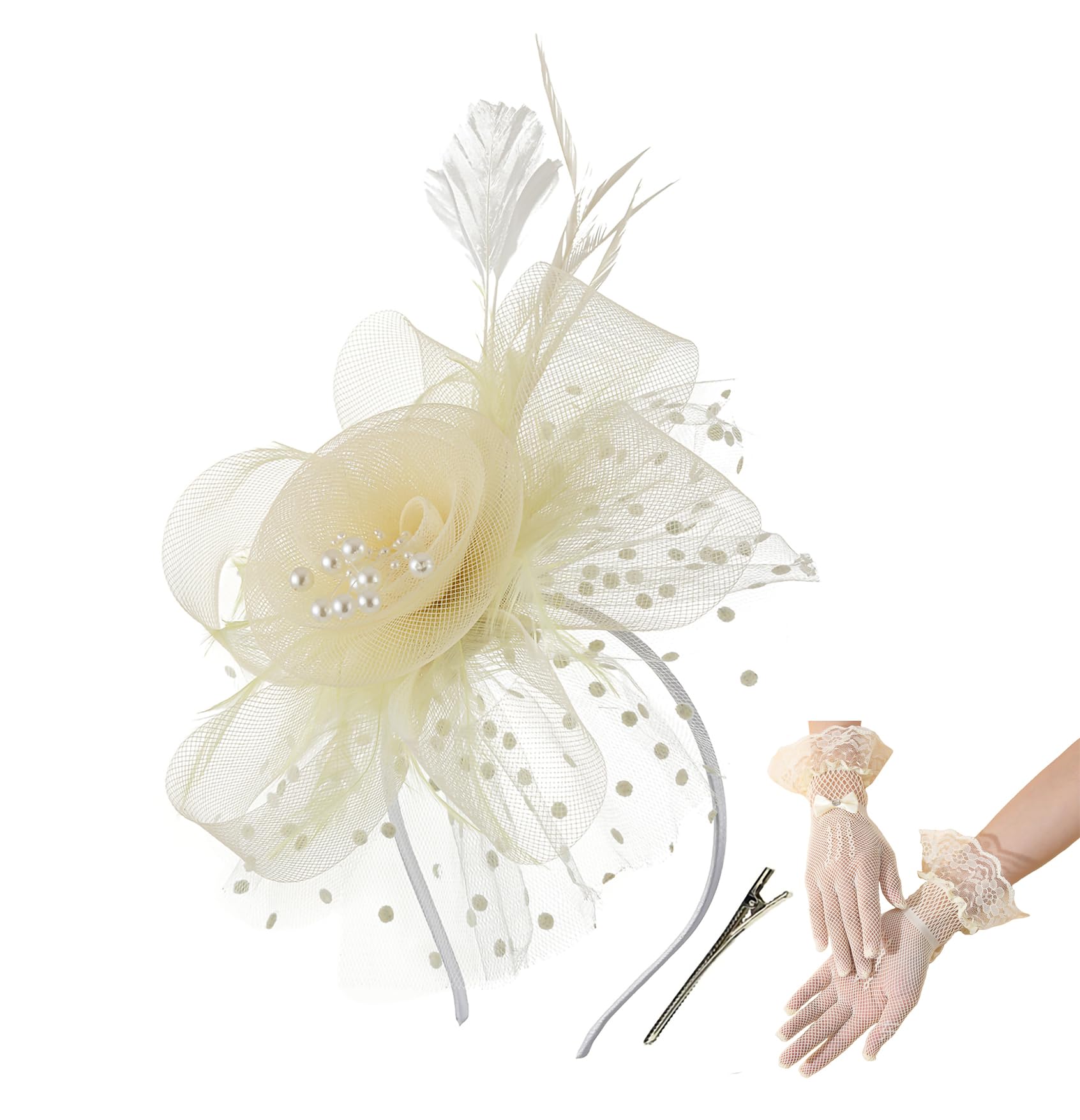 Photo 1 of Durzasvo Women's Fascinators Tea Party Wedding Mesh Flower Pearl Feather Fascinator Hat with Headband and Clip and Lace Glove Beige