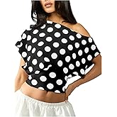 Floerns Women's Polka Dots Off Shoulder Crop Top Short Dolman Sleeveless Elegant Blouses