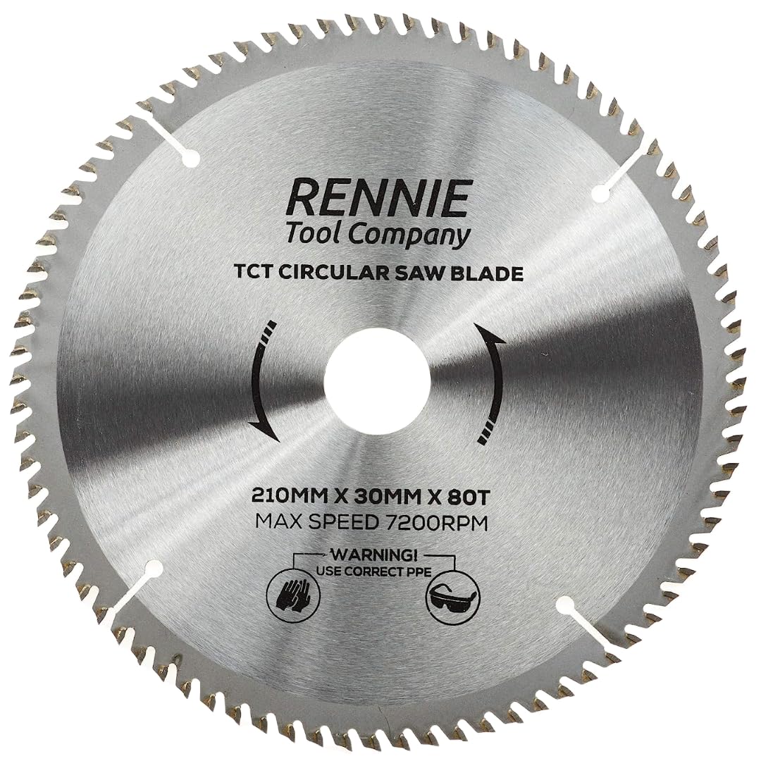 Rennie Tools - 210mm x 30mm x 80T TCT Circular Wood Saw Blade Includes 25mm 20mm & 16mm Bore Reduction Rings. Compatible with Festool Bosch Makita Dewalt Circular Saw Etc, Fits 216mm circular saws.