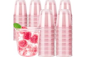 Xuelimei 100pcs 12oz Disposable Stemless Glasses,PET Disposable Drinking Cups,Cold Party Clear Plastic Wine Glasses for Parties Birthday,Wedding,Meeting,Christmas Party Supplies. (Pink)