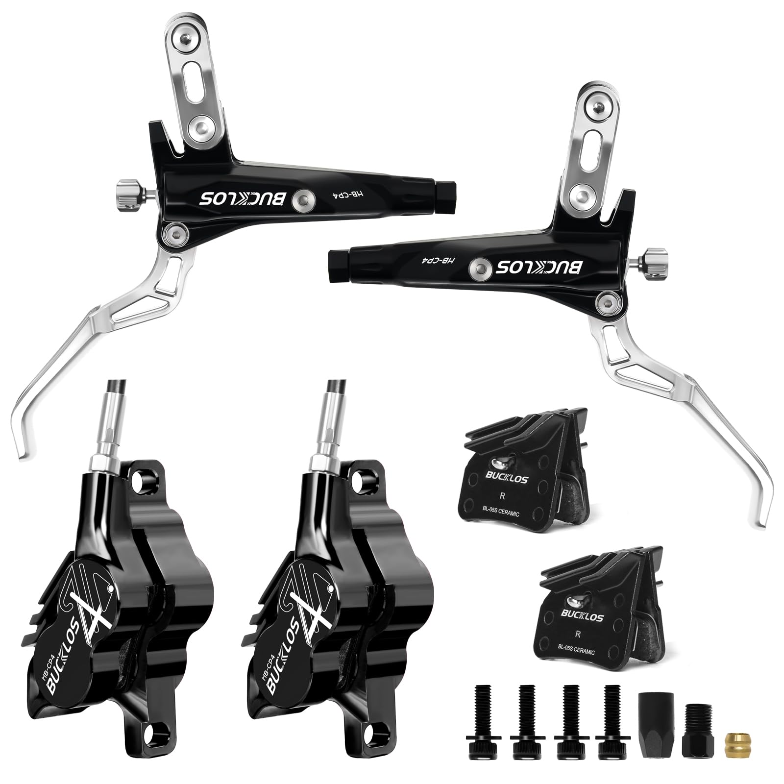 Photo 1 of BUCKLOS MTB Hydraulic Disc Brake Set 4 Pistons Front 850mm and Rear 1550mm Hydraulic Brakes with Aluminum Alloy Lever with Caliper Ceramic Brake Pad Fit Mountain Bike,Ebike,Fat Bike HB-CP4 (Pre-Bled)