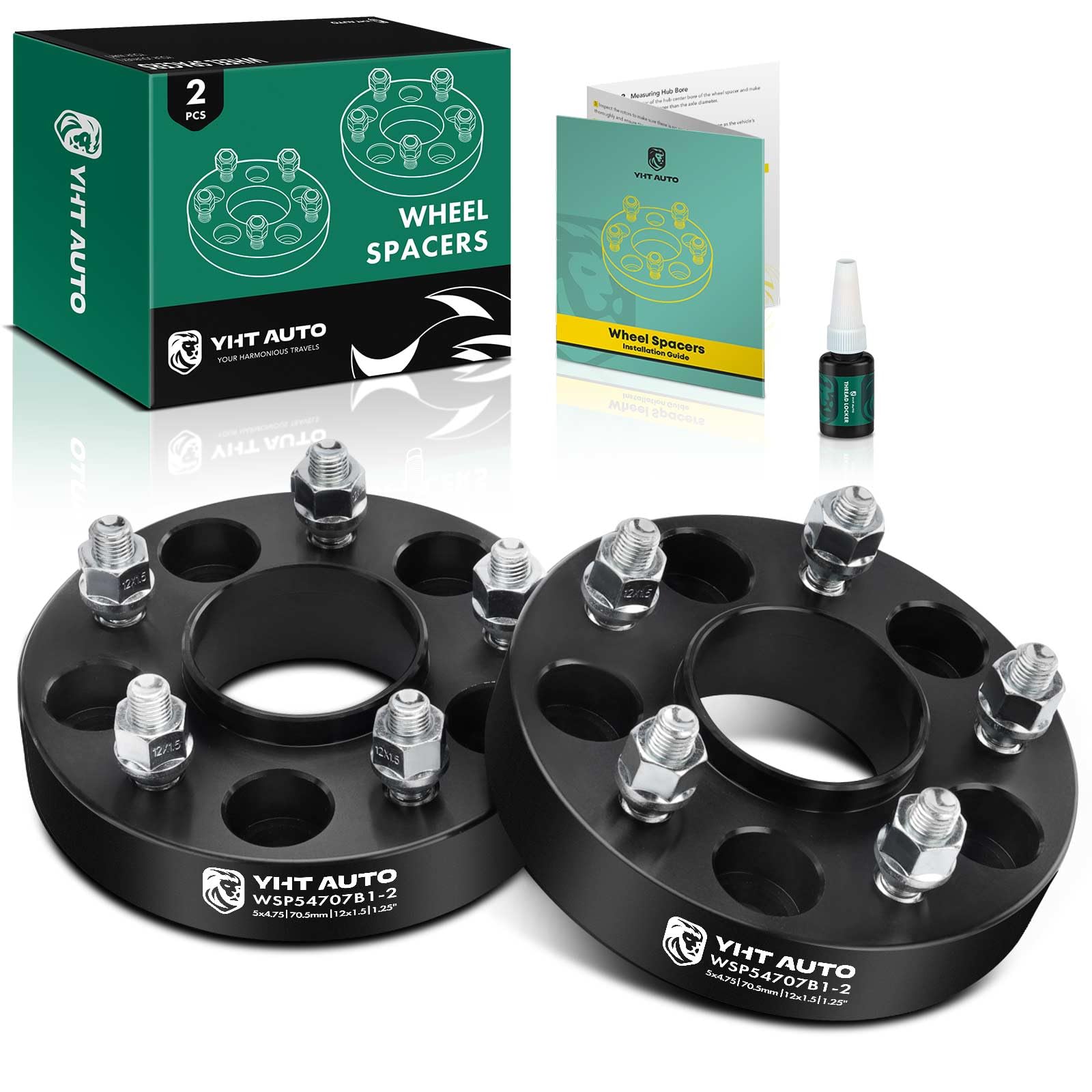 Photo 1 of YHTAUTO 5x4.75 Hub Centric Wheel Spacers 1.25 Inch Compatible with Chevrolet, GMC, Buick, Cadillac, Pontiac Models Tire Spacers w/ M12x1.5 & 12.9 Grade Studs, 70.5mm Hub Bore 5 Lug 2PCS Black