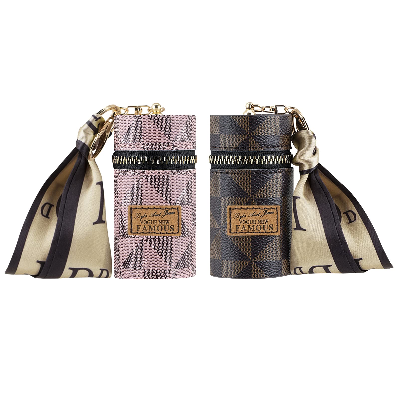 Adorila 2 Pack Lipstick Organizer, Leather Lip Gloss Bag with Keychain, Portable Mini Lipstick Case for Purse, Brown+Pink