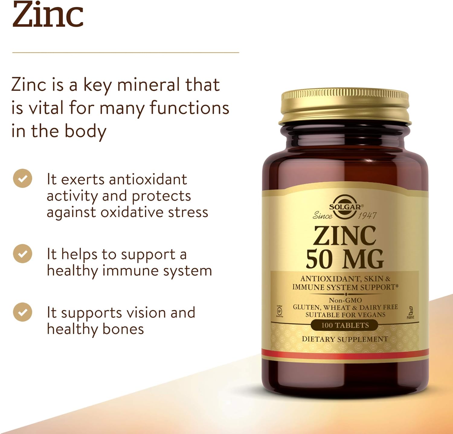 Solgar Zinc 50 mg, 100 Tablets - Zinc for Healthy Skin, Taste & Vision - Immune System & Antioxidant Support - Supports Cell Growth & DNA Formation - Non GMO, Vegan, Gluten Free - 100 Servings: Health & Personal Care