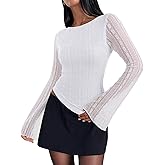 REORIA Women's Lace Mesh Boat Neck Bell Long Sleeve Tops Y2k Going Out Asymmetrical Tops 2025 Fall Fashion