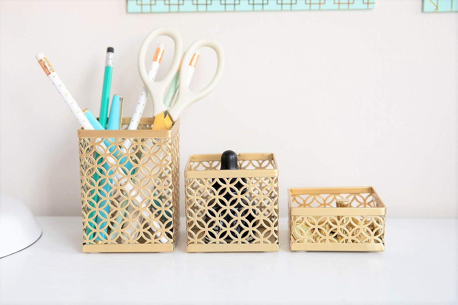 Blu Monaco Office Supplies Gold Desk Accessories for Women-6 Piece Interlocking Stylish Desk Organizer Set- Pen Cup, 3 Accessory Trays, 2 Letter Trays-Gold Office Paper Tray Holder : Office Products