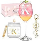 Personalized Wine Glass Gift Set for Women Monogrammed A-Z Wine Glass Customized Keychain Gift Initial Christmas Birthday Gifts set for Her Mom Friend Sister Wife Daughter boss lady-Letter K