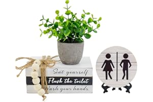 LEBSITEY Bathroom Shelf Decor Signs, Book Stack and 3D Round Signs With Fake Plants, Funny Wooden Decor for Restroom Shelf Guest Bathroom (Flush the toilet)