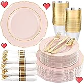 Liacere 350PCS Pink Plates Disposable-PinK Plates 50guest Baroque Plastic Dinnerware include 100Plates, 50Pack Pre Rolled Napkins with Silverware 50Cups Perfect for Valentine's Day&Galentines Day