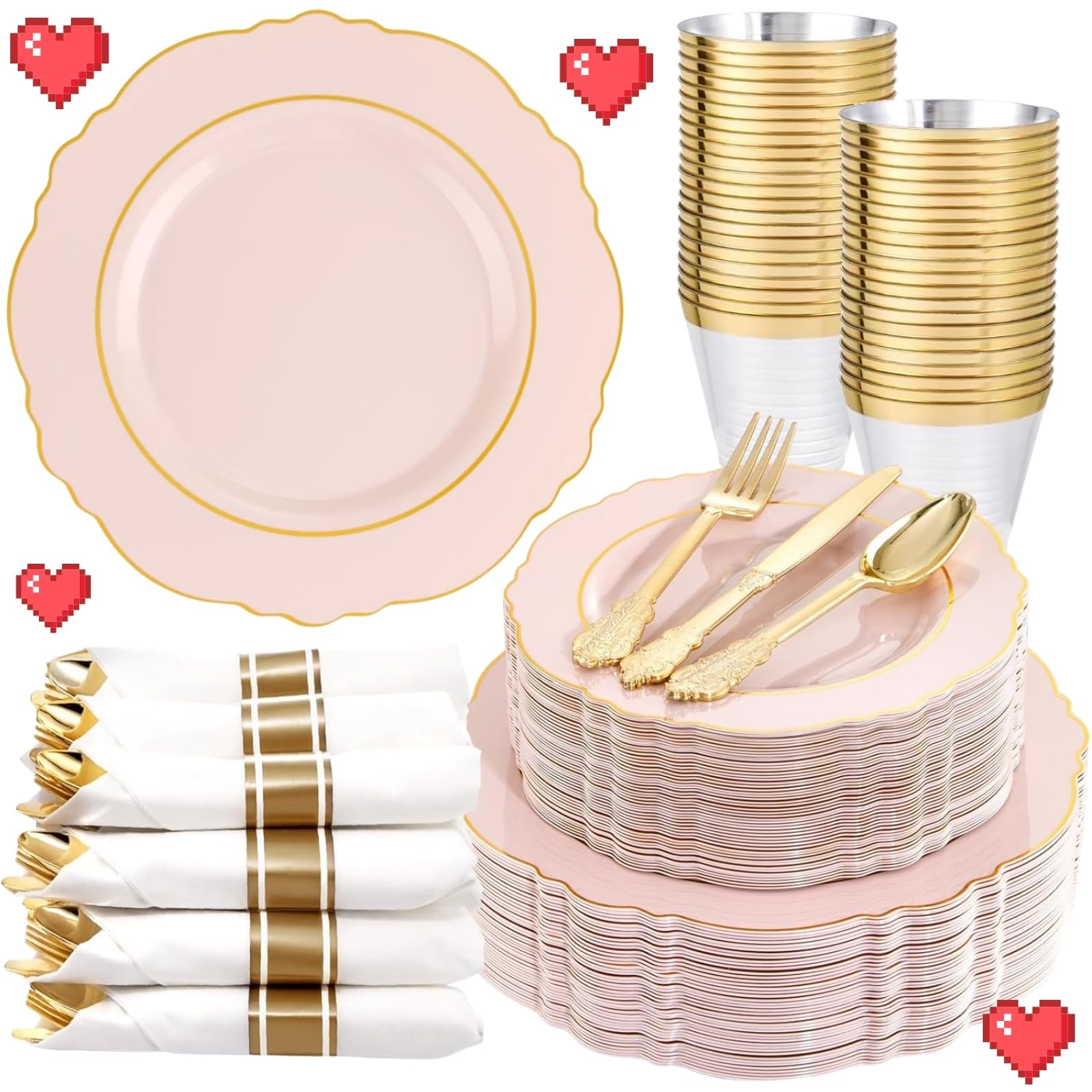Photo 1 of Liacere 350PCS Pink Plates Disposable-PinK Plates 50guest Baroque Plastic Dinnerware include 100Plates, 50Pack Pre Rolled Napkins with Silverware 50Cups Perfect for Valentine's Day?Galentines Day