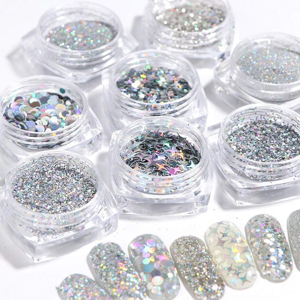 Holographic Nail Art Sequins Glitter Kits, KISSBUTY 8 Boxes Holographic Nails Powder Nail Art Sequins Metallic Shining Flakes Silver Nail Glitter Set for Nails Art Decoration Holographic Manicure: Beauty
