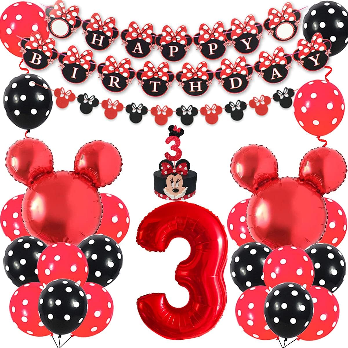 Funmemoir Decorations Danniversaire De Minnie Mouse Rouge Et Noir Pour 3 Ans Fille Banniere Danniversaire Joyeux Anniversaire Minnie Sentier Garland Cake Topper Numero 3 Feuille Ballon