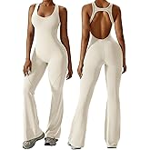 OEAK Womens Flare Jumpsuit with Bra Tummy Control Cutout Romper Workout Outfit Sleeveless Unitard One Piece Backless Bodysuit