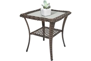 Belord Handwoven Wicker Side Table - 20 Inch Small Outdoor Table 2 Tier Storage with Tempered Glass Top, All Weather Outdoor Patio End Tables for Deck Balcony Outside Brown