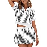 Fisoew Womens Striped 2 Piece Outfits Skort Set Short Sleeves Shirts Bubble Mini Skirt Sets Matching Sets