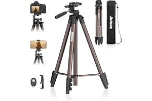 JISHANE 71" Camera Tripod, Lightweight Aluminum Phone Tripod with Wireless Remote, Phone Holder & Carry Bag, Portable Travel Camera Stand for Smartphones Canon Nikon DSLR Cameras, Max Load 6.6 lb (Brown)