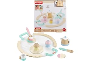 Fisher-Price Wood Pretend Play Toy Tea Set, 12-Piece Wooden Playset with Teapot, Cups & Saucers for Preschool Kids Ages 3+ Ye