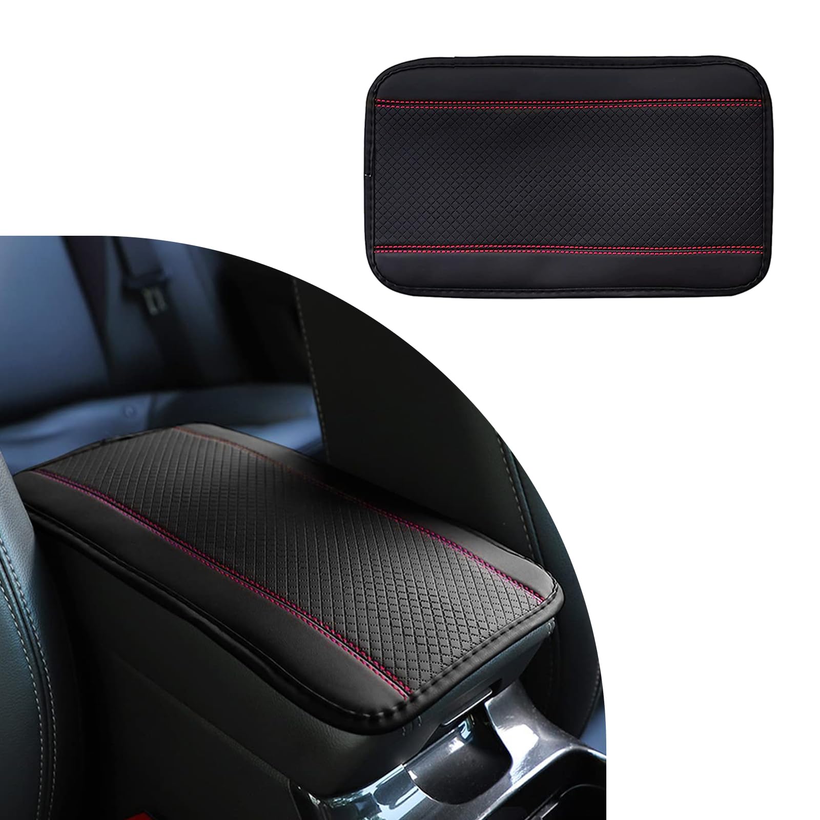 Photo 1 of Augeny Car Center Console Cover, Waterproof Leather Auto Armrest Cushion Protection Pad, Four Seasons Universal Car Armrest Storage Box Mat, Universal Accessory for Most Vehicles (Black & Red)