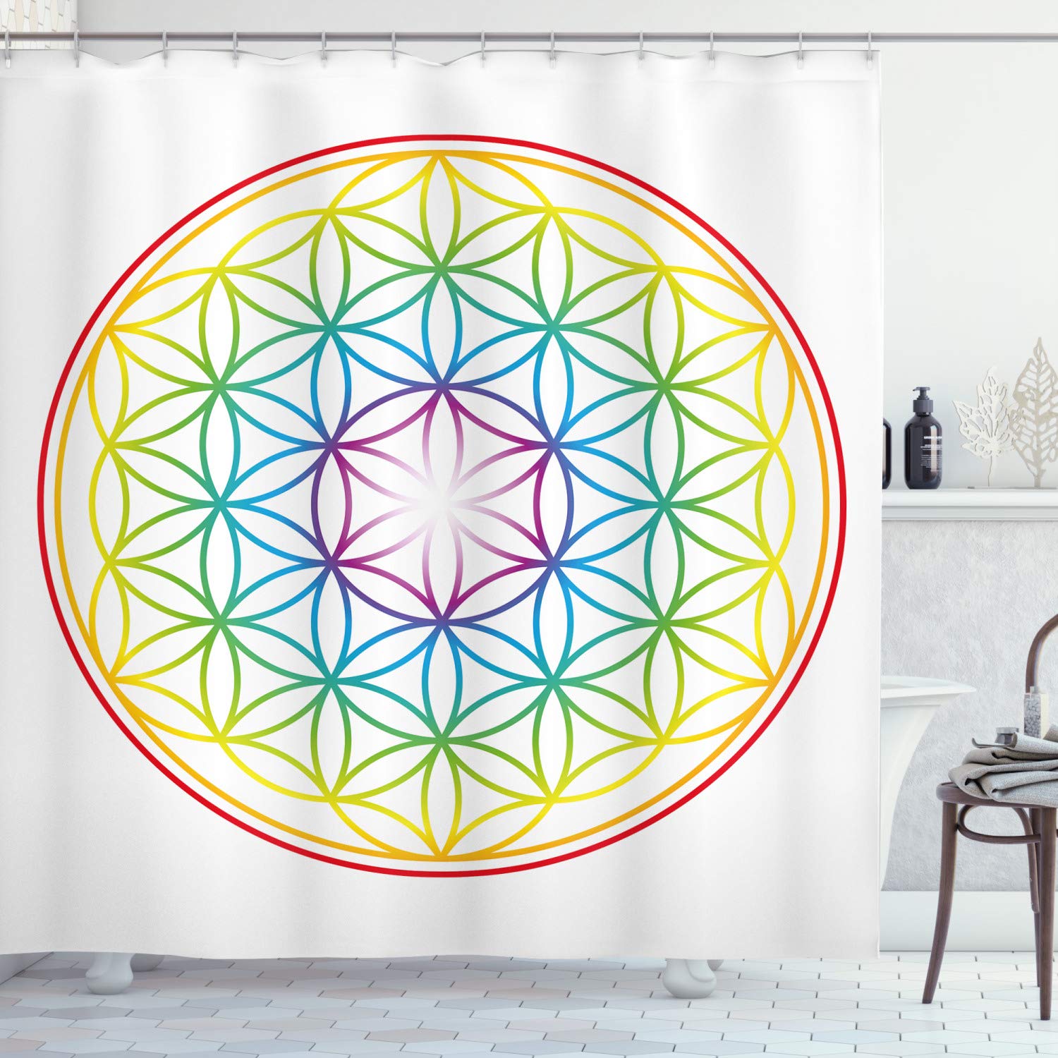 ABAKUHAUS Colorful Shower Curtain, Flower of Life Pattern Radiant Colors Cosmic Dimension Space Forms Print, Cloth Fabric Bathroom Decor Set with Hooks, 78 Inches, Multicolor