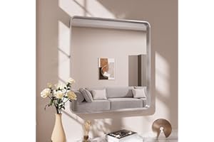 JISOSO Brushed Nickel Bathroom Mirror, 30x36 Inch Thick Silver Metal Rectangle Frame Wall Mirror, Modern Round Corner Bathroom Vanity Mirror for Over Sink, Bedroom, Living Room, Entryway