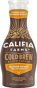 Califia Farms - Pure Black Blonde Roast Cold Brew Coffee, 48 Oz, 100% Arabica, Plant Based, Vegan, Gluten Free, Non GMO, Suga