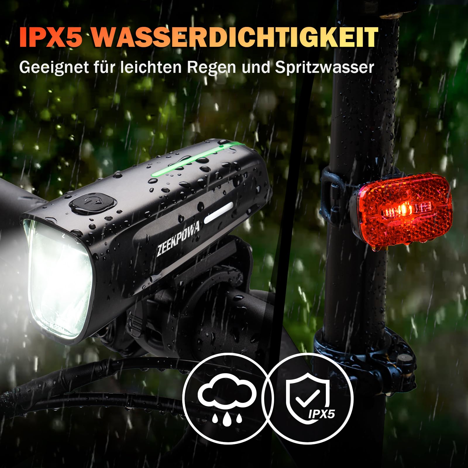 Fahrradlicht Set 100 Lux StVZO, USB-C Akku Vorderlicht + Rücklicht mit Bremslichtfunktion, wasserdicht IPX5 für Pendler & Nachtfahrten 5