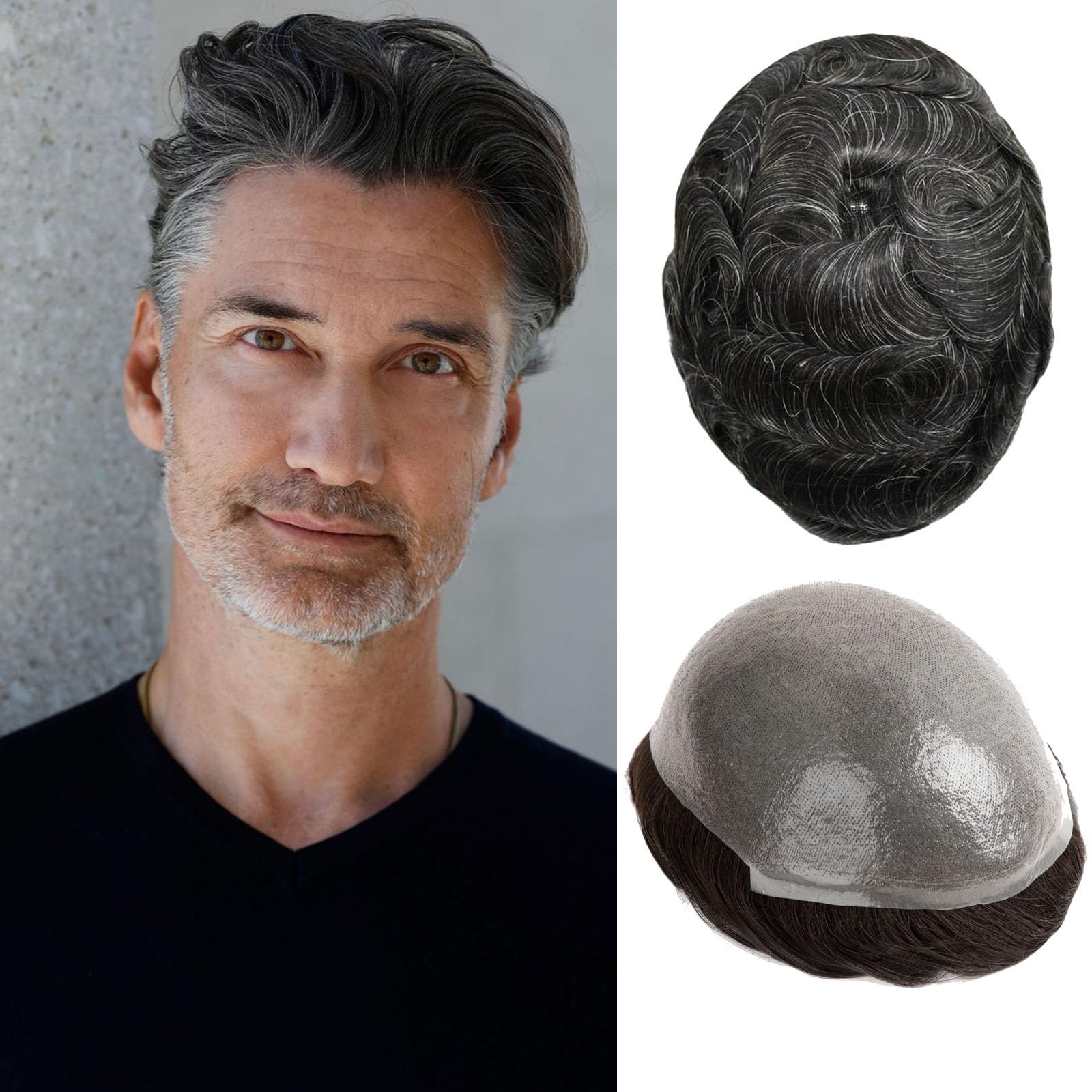 Ehairc Toupee for Men 0.04 Thin Skin Double Knots 100% Human Hair System for men wigs Men's Toupee Durable Men's Toupee Real Hair Base Size 8x10 Inch 120% Density#1B20