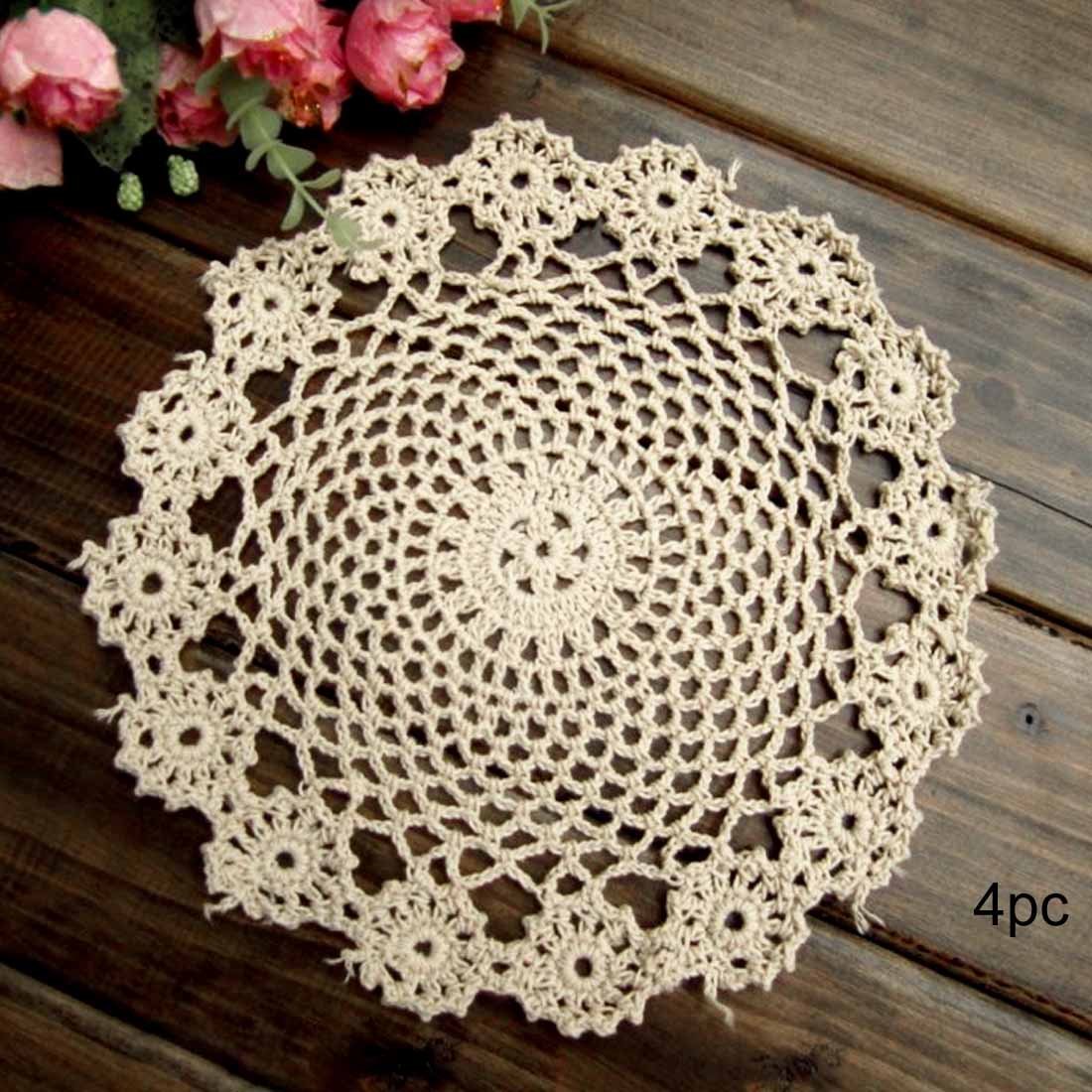 kilofly Crochet Cotton Lace Table Placemats Doilies Pack, 4pc, Beige, Garland, 7 inch