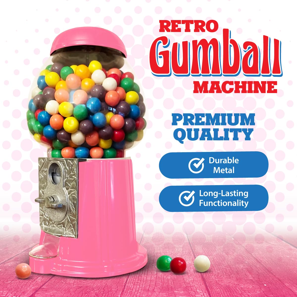 American Gumball Company - Metal 11-Inch Retro Style Pink Gumball Machine, Made for 0.62 Inch Gumballs, Candy or Nuts, Accepts Any US Coin