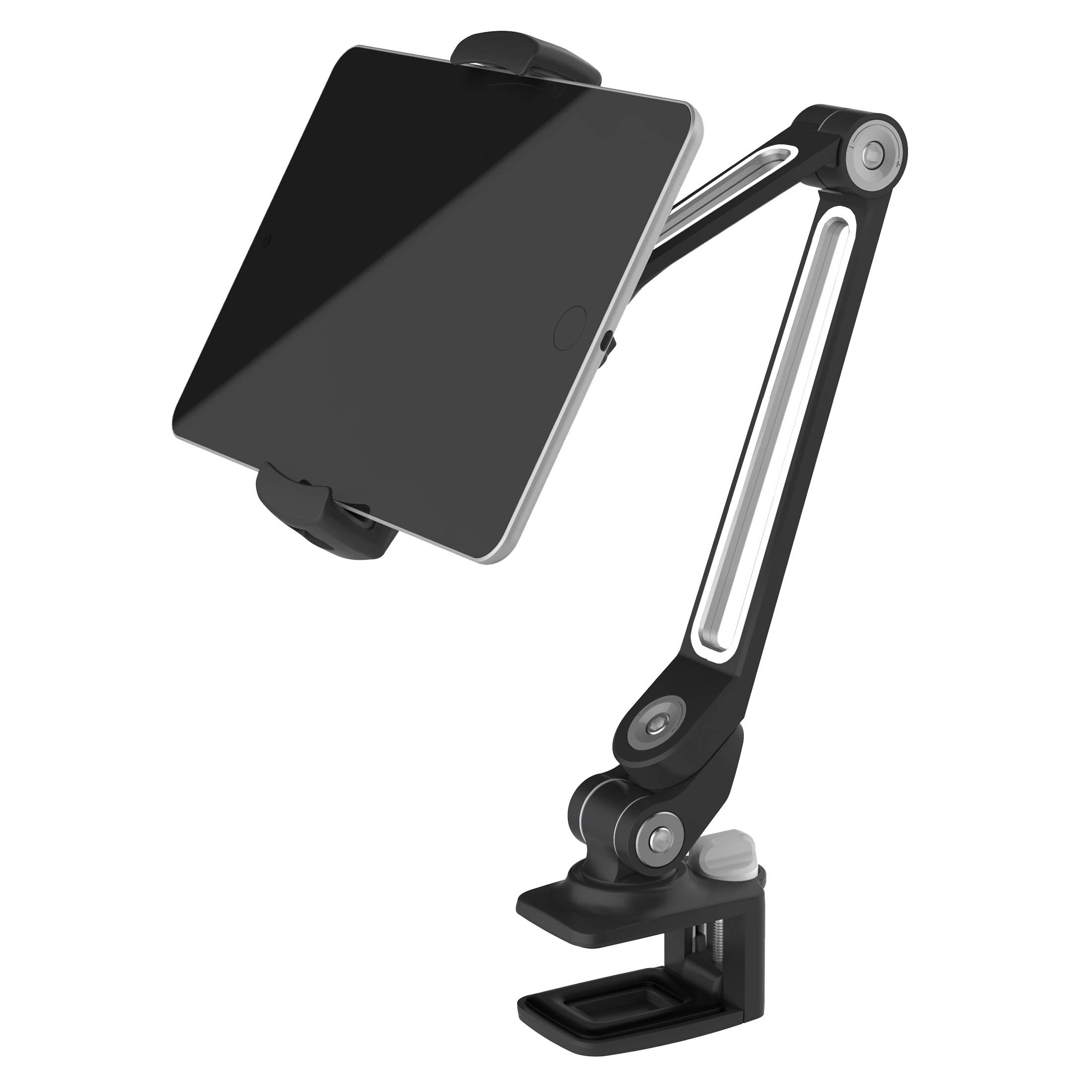 ZenCT Tablet Stand Clamp Mount Holder, Adjustable Metal Stand for iPad or Android Devices 4.7-12.9 Inches - Black