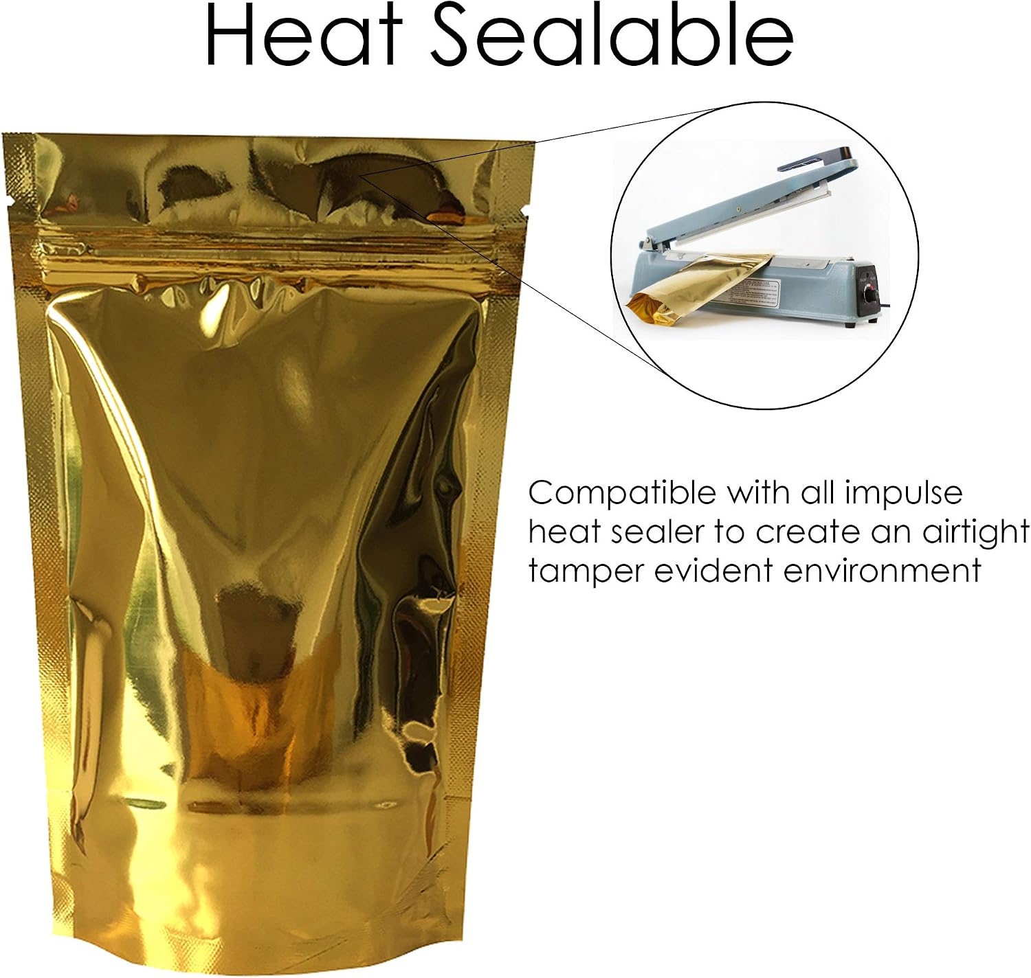 Rightpak Stand Up Pouches 50 Pieces 8cm x 13cm, Gold Shiny Heat Sealable Tear Notches Smell Proof for Food Storage With Ziplock - Image 4