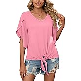 SUEANI Women's Tie Front Blouses V Neck 3/4 Split Sleeve Summer Knot Tops T Shirts