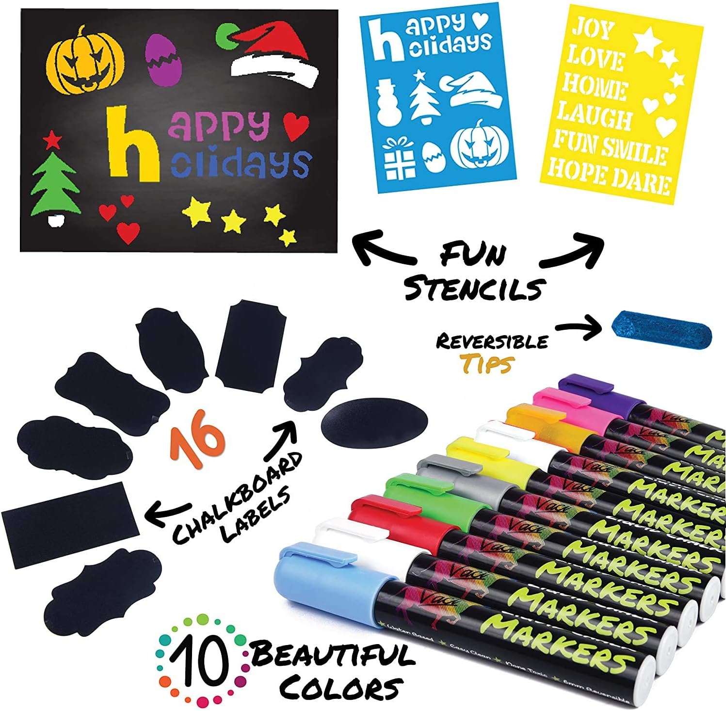 Chalk Markers by Vaci, Pack of 10 + Drawing Stencils + 16 Labels, Premium Liquid Chalkboard Neon Pens, Including Gold, Silver and Extra White Ink, Bullet or Chisel Reversible Tips : Office Products