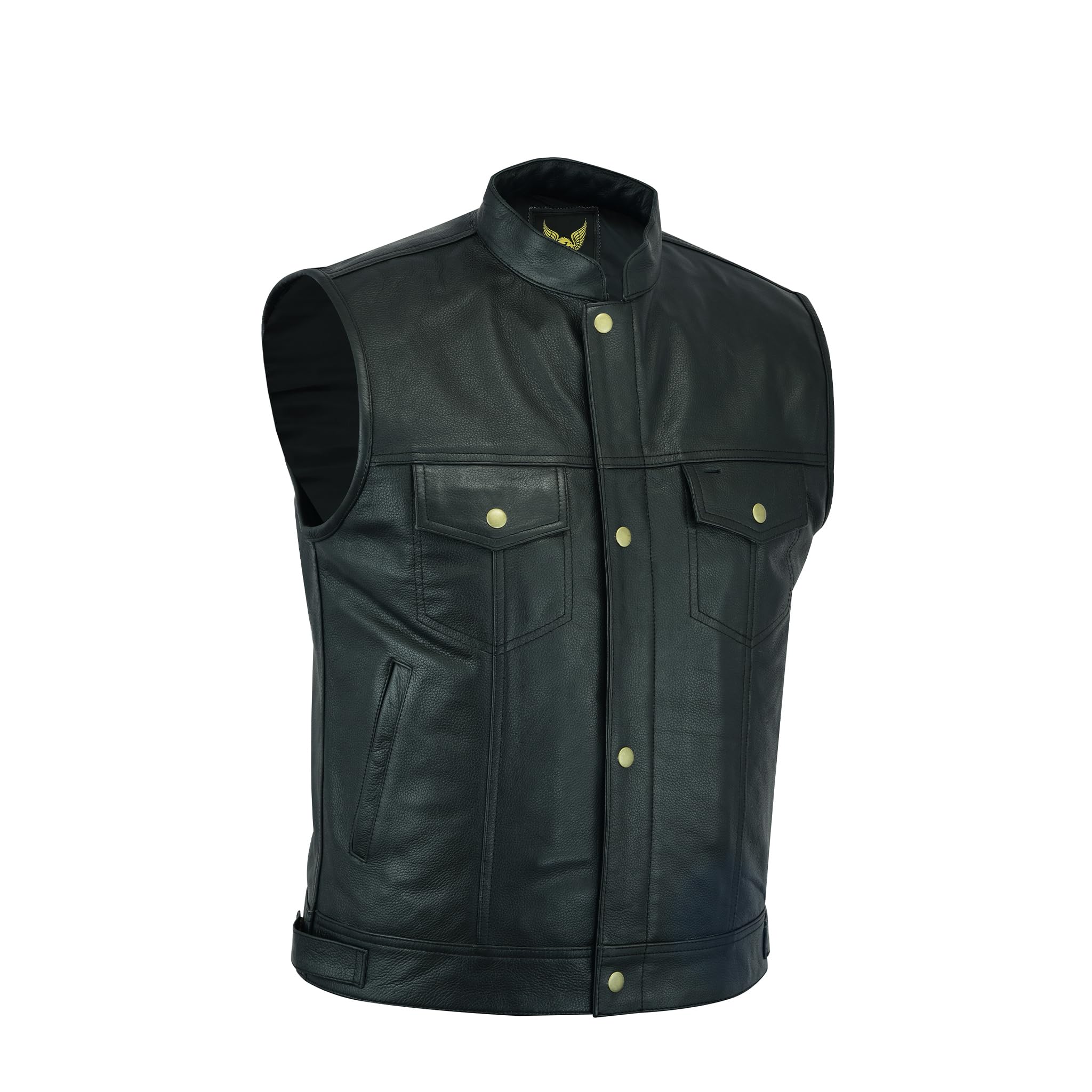Leatherick Motorcycle Mens SOA Genuine Leather Biker Vest with Open Buttons for Riding and Fashion Cut of style Black Waistcoat with Deep Pockets (XL - EUR56) Black