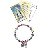 Miraculous Medal Bracelet with Miraculous Medal Prayer Card, The Lord's Prayer Card - Stretch Miraculous Bracelet with Guardian Angel Dangle - Miraculous Medal Bracelet For Women Set of 3 Items