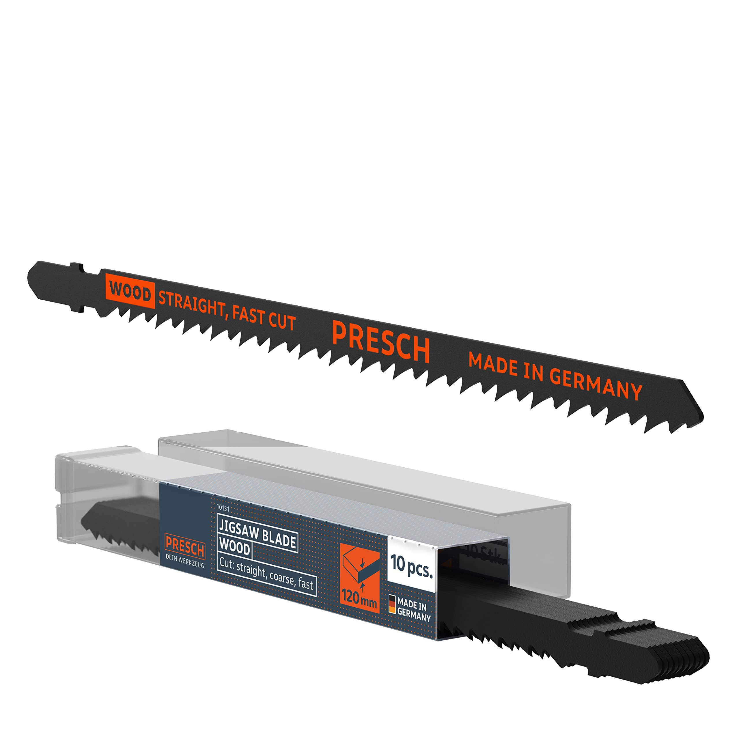 Presch Jigsaw blades Wood 10 pcs. (Fast, straight, extra long) - Rapid, straight edges (5-120mm) - Durable T-shank edges for all jigsaws - Perfect for wood for chipboard, softwood and more