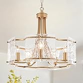 TCWGAUI 5-Light Gold Glass Chandelier for Dining Room, Modern Textured Glass Light Fixture Gold Chandeliers, Drum Round Chand